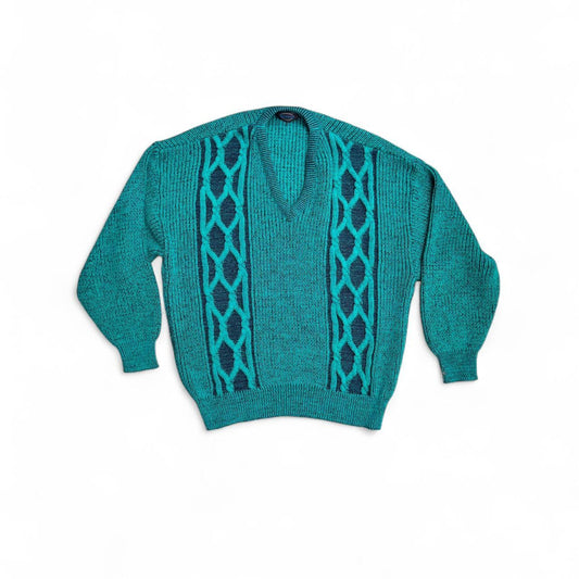Turquoise blue vintage 80s knit sweater with a V-neck and geometric pattern knitwear