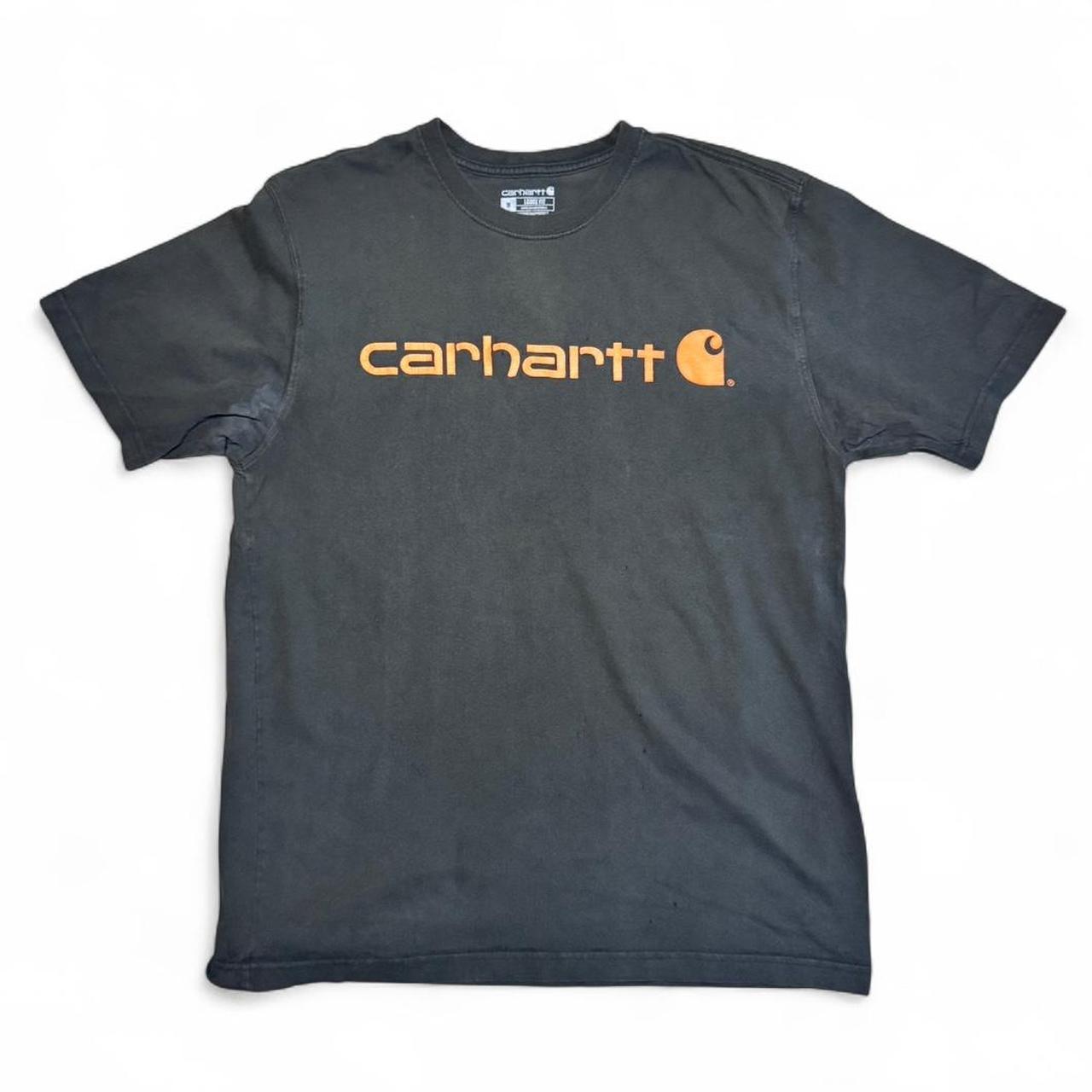 -olive carhartt tee with orange spellout