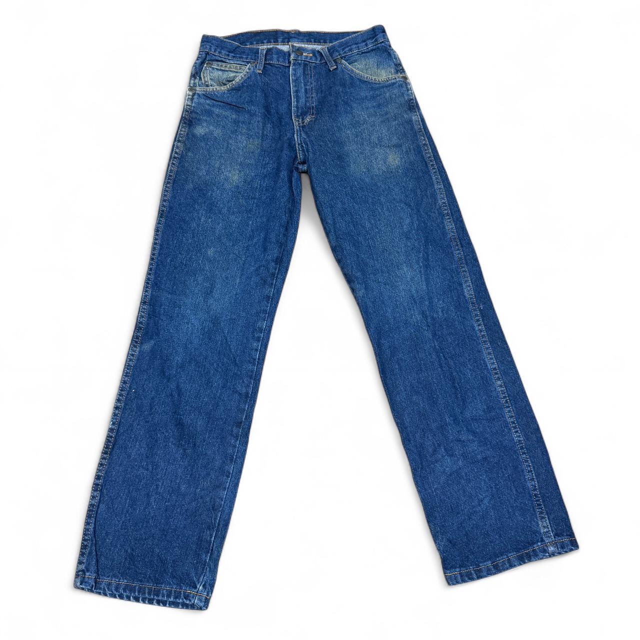 Dickies blue denim jeans in size 30x30 with noticeable discolouring and signs of previous repair