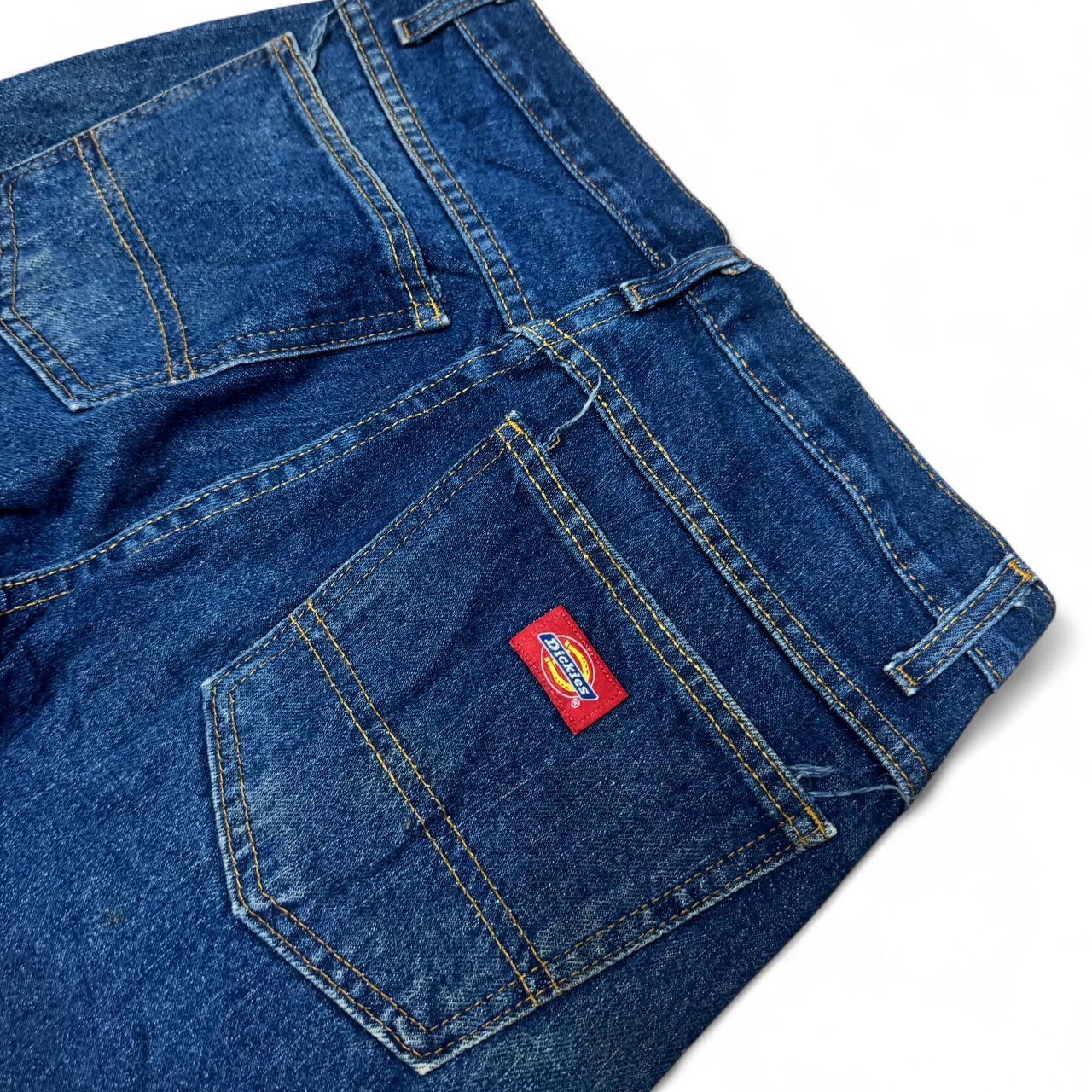 Dickies blue denim jeans in size 30x30 with noticeable discolouring and signs of previous repair
