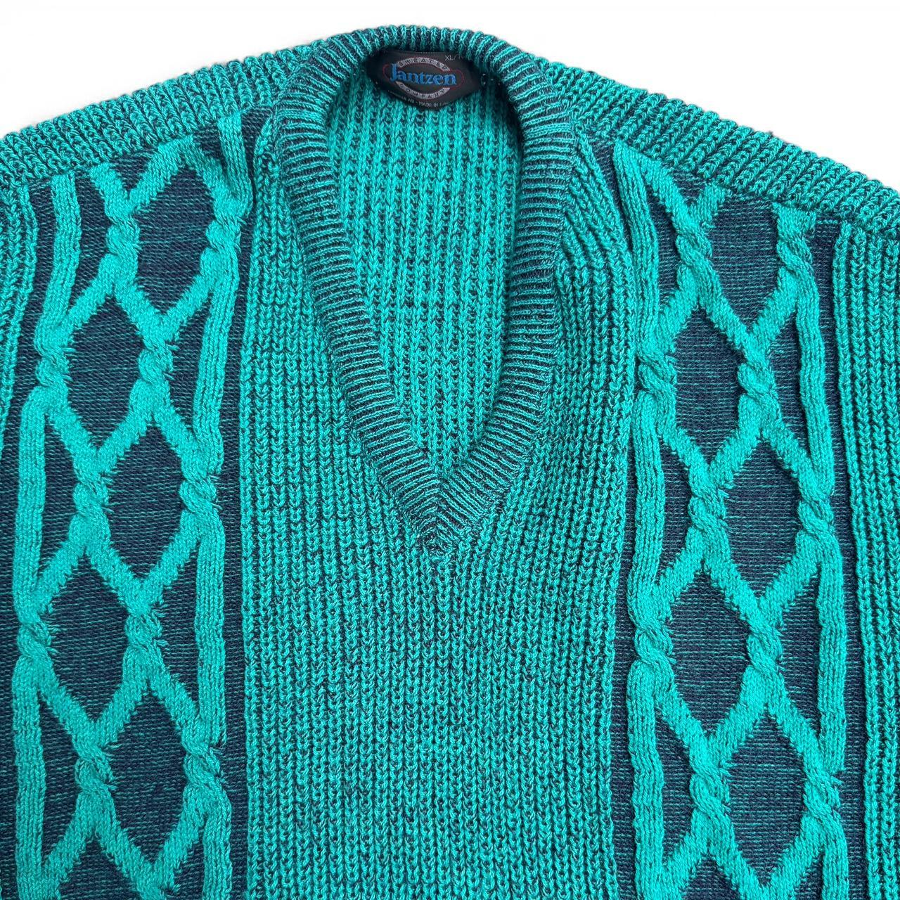 Turquoise blue vintage 80s knit sweater with a V-neck and geometric pattern knitwear