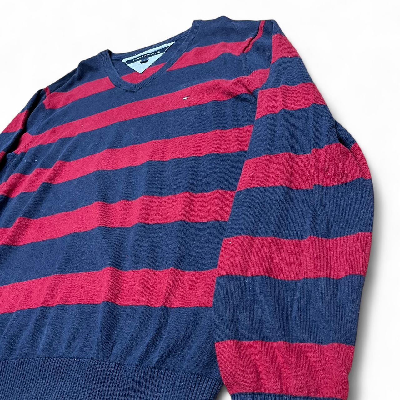 Tommy Hilfiger High-Cut V-Neck Knit – Red & Blue Stripes – Size XL