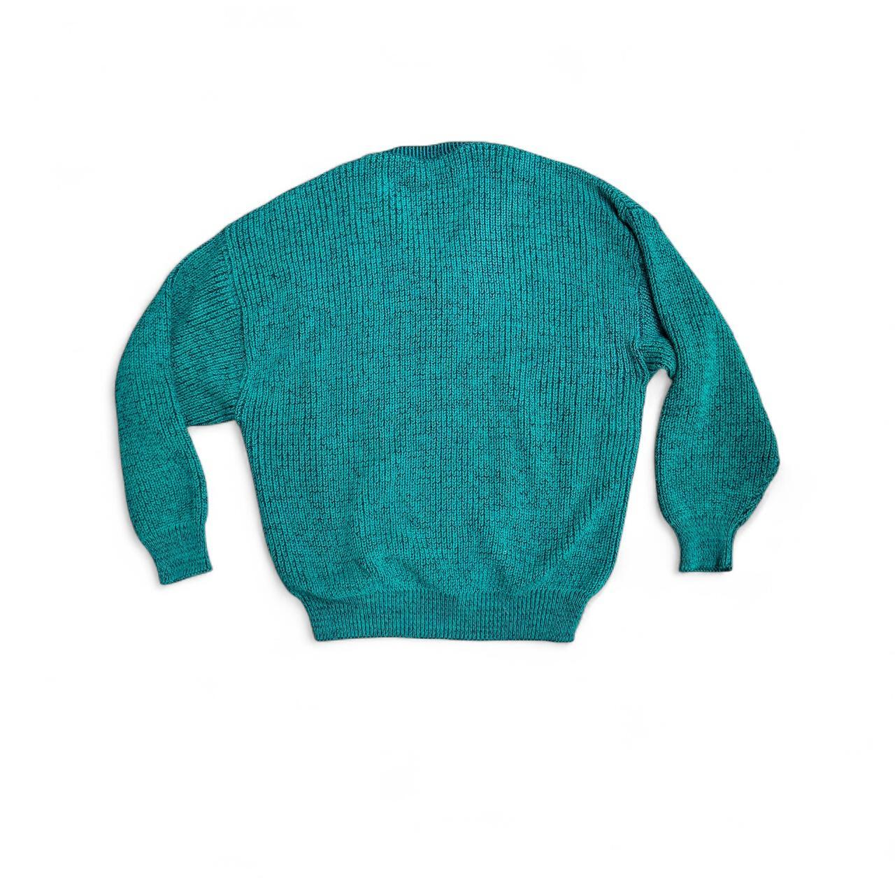 Turquoise blue vintage 80s knit sweater with a V-neck and geometric pattern knitwear