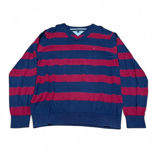 Tommy Hilfiger High-Cut V-Neck Knit – Red & Blue Stripes – Size XL